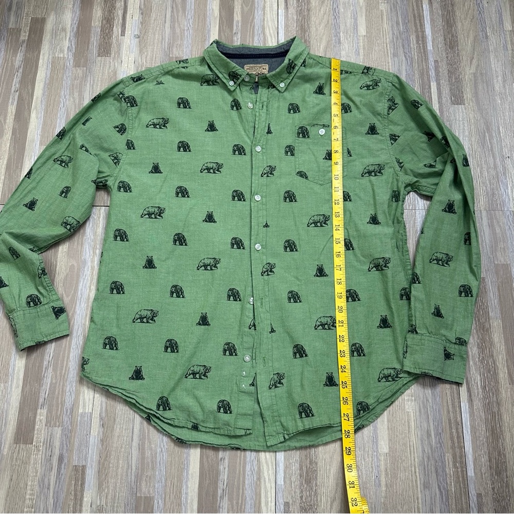 Free Nature Green Bear Print Men's Button Down Shirt, Size XL